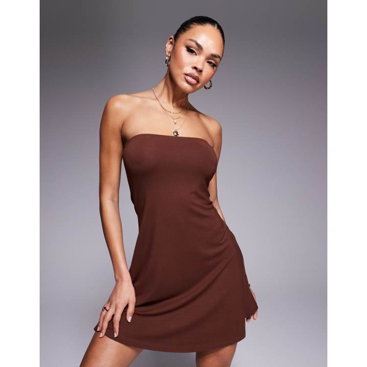 brown bandeau mini dress Women's Majken Bandeau Mini Tie Dress in Brown Forest Tapestry, M