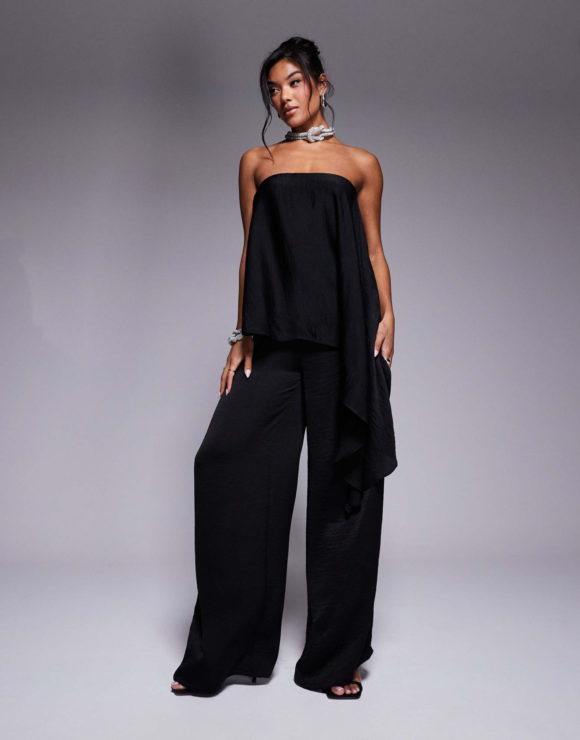 asos design bandeau overlay satin jumpsuit in black