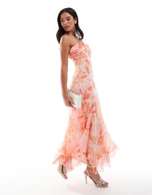 Asos Design Bandeau Overlayer Split Hem Maxi Dress In Watercolor Floral Print-multi