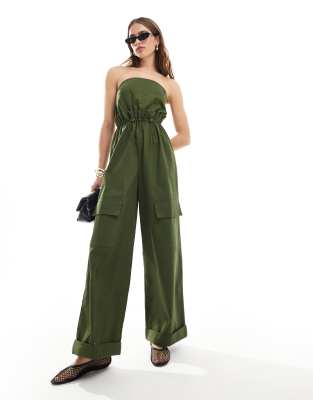 Asos Design Bandeau Paper Bag Waist Utility Jumpsuit In Khaki-green