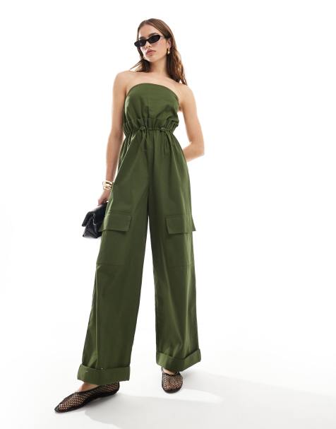 ASOS DESIGN bandeau paper bag waist utility jumpsuit in khaki - view 1