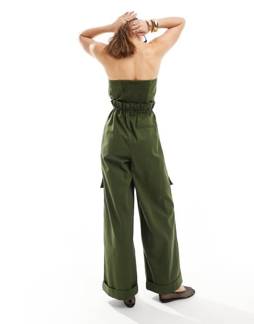 ASOS DESIGN bandeau paper bag waist utility jumpsuit in khaki, 3 of 4