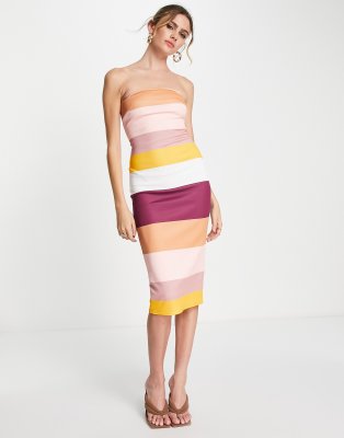 Asos Design Bandeau Pencil Midi Dress In Multi Stripe Print