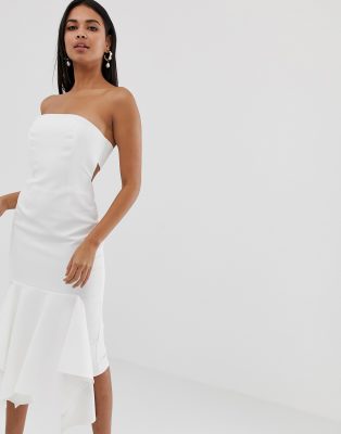 Asos design bandeau midi dress with ruffle 2024 pep hem