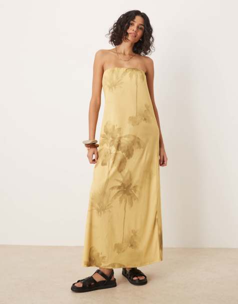 ASOS DESIGN bandeau placement flower maxi dress in yellow palm tree print - view 1