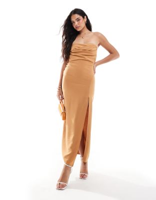 ASOS DESIGN bandeau pleat midi dress with split in brown