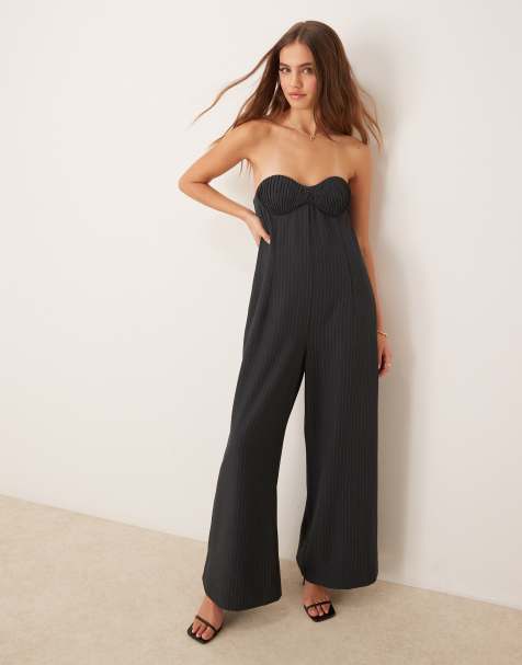 ASOS DESIGN bandeau pleated bust wide leg jumpsuit in gray pinstripe - view 1