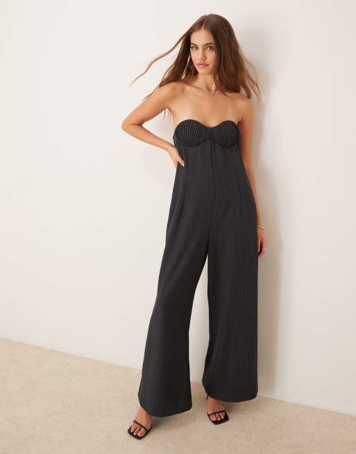 ASOS DESIGN bandeau pleated bust wide leg jumpsuit in gray pinstripe