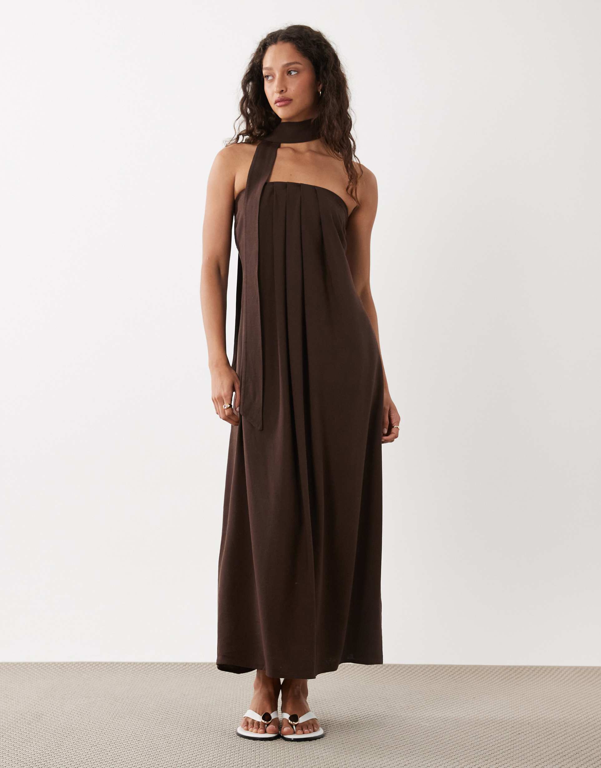 asos design bandeau pleated trapeze midi dress with scarf detail in brown