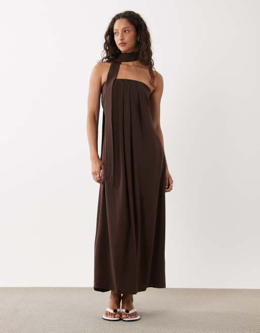 ASOS DESIGN bandeau pleated trapeze midi dress with scarf detail in brown |  ASOS