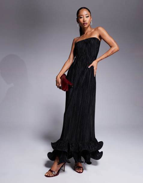 ASOS DESIGN bandeau plisse maxi dress with dramatic curly hem in black - view 1