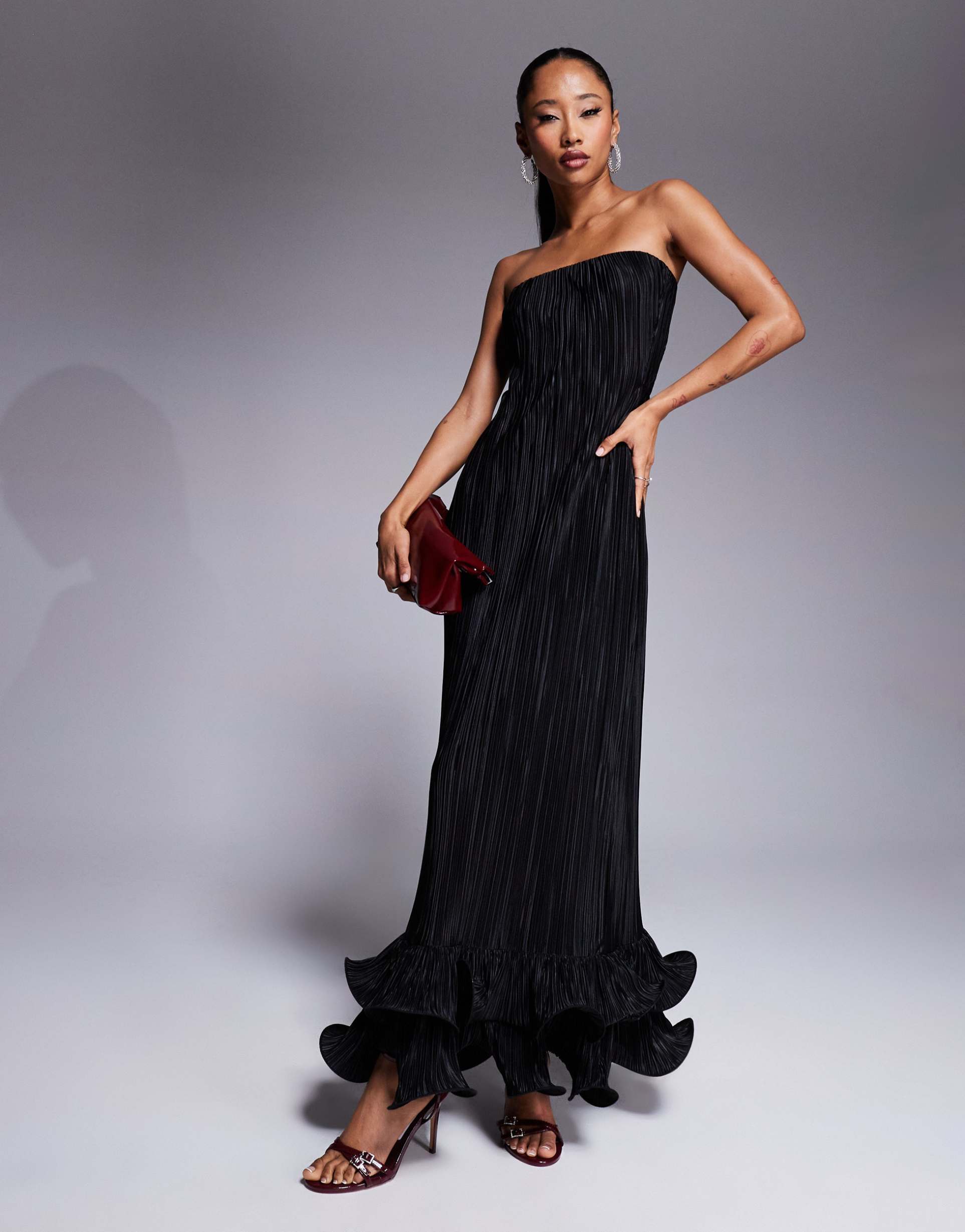 asos design bandeau plisse maxi dress with dramatic curly hem in black