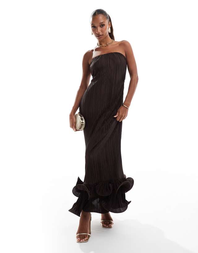 ASOS DESIGN bandeau plisse maxi dress with dramatic curly hem in