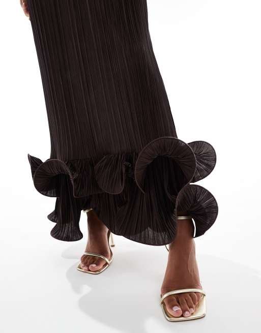 ASOS DESIGN bandeau plisse maxi dress with dramatic curly hem in chocolate brown, 3 of 4
