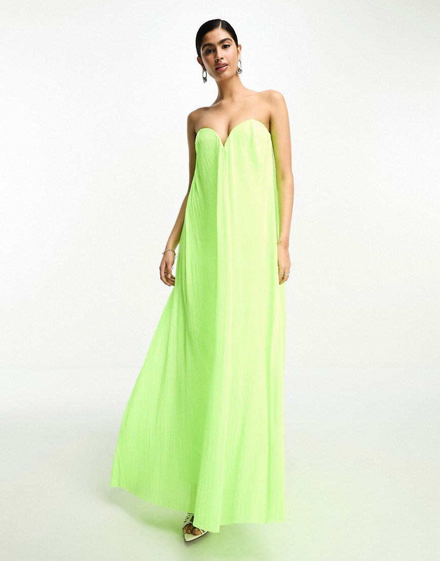 ASOS DESIGN bandeau plisse trapeze maxi dress in lime-Green