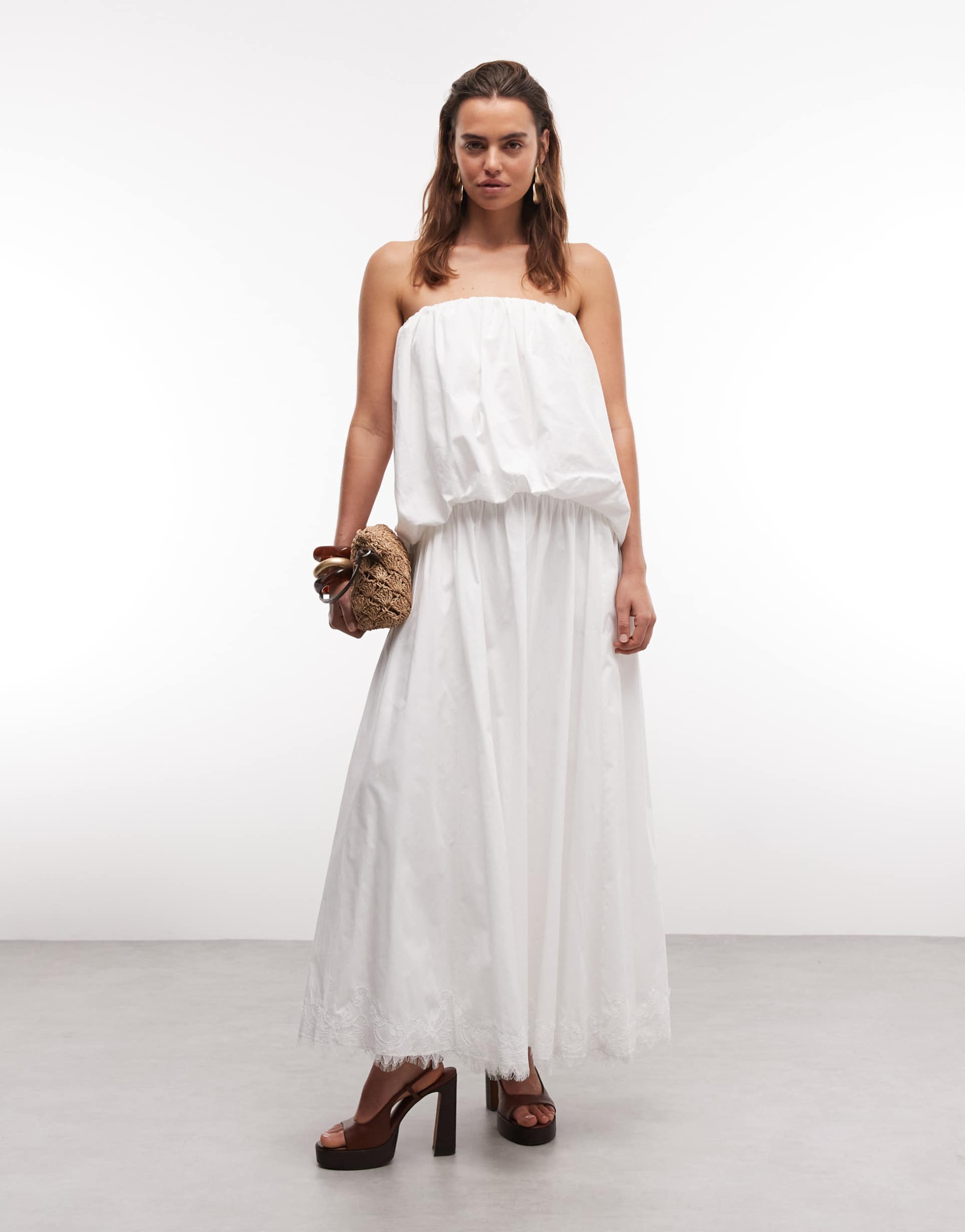 asos design bandeau poplin maxi dress with embroidered lace hem in white