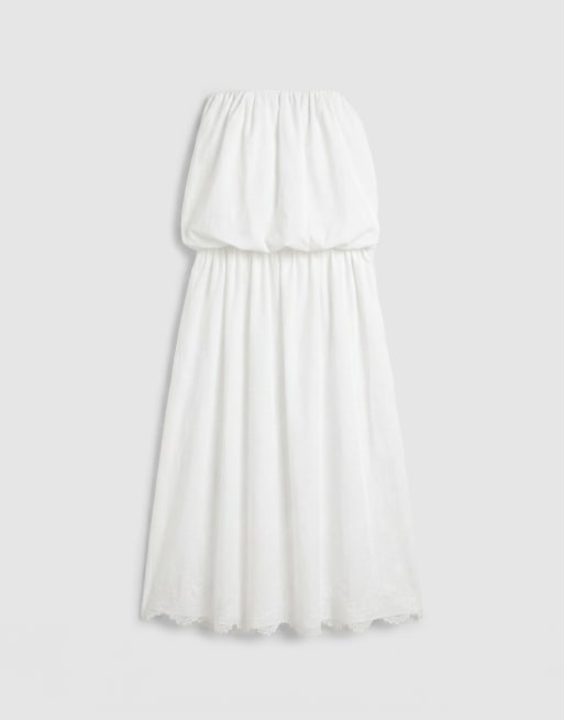 ASOS Design bandeau poplin maxi dress with embroidered lace hem in white-Orange