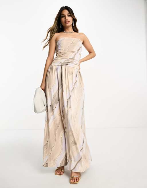 ASOS DESIGN bandeau ruched bodice maxi dress with seam detail in marble print