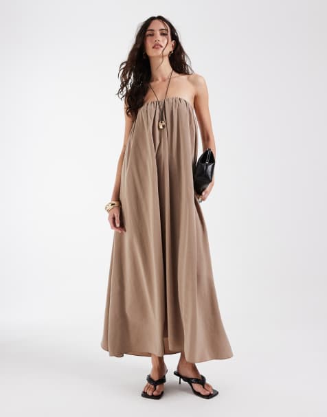 ASOS DESIGN bandeau ruched maxi dress in beige - view 1