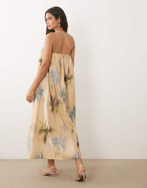 ASOS DESIGN bandeau ruched maxi dress in cream floral, 3 of 4