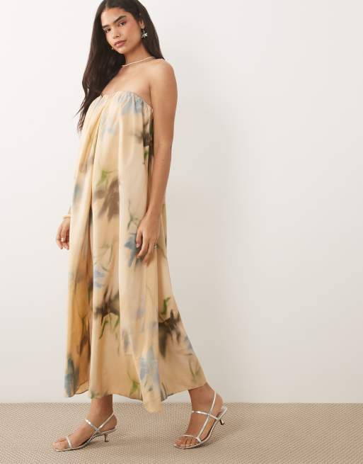 ASOS DESIGN bandeau ruched maxi dress in cream floral, 4 of 4
