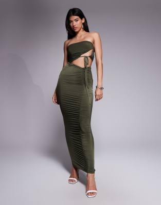 Asos Design Bandeau Ruched Maxi Dress In Green