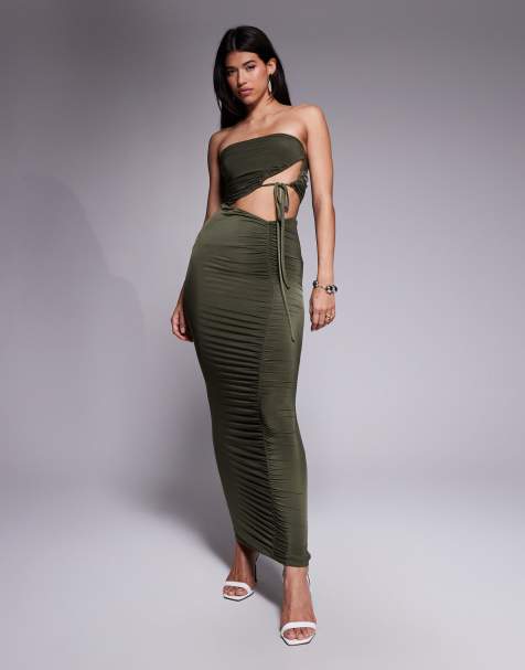 ASOS DESIGN bandeau ruched maxi dress in khaki - view 1