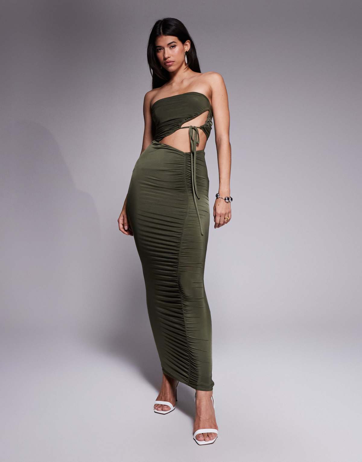 ASOS DESIGN bandeau ruched maxi dress in khaki