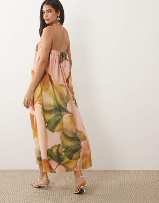 ASOS DESIGN bandeau ruched maxi dress in pink palm print, 2 of 4