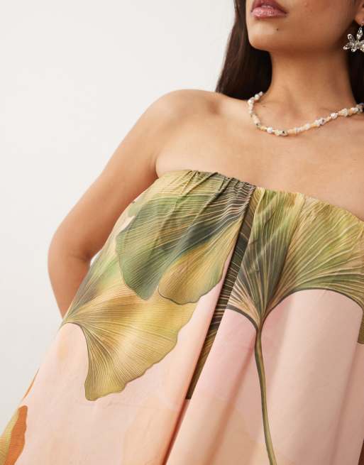 ASOS DESIGN bandeau ruched maxi dress in pink palm print, 3 of 4