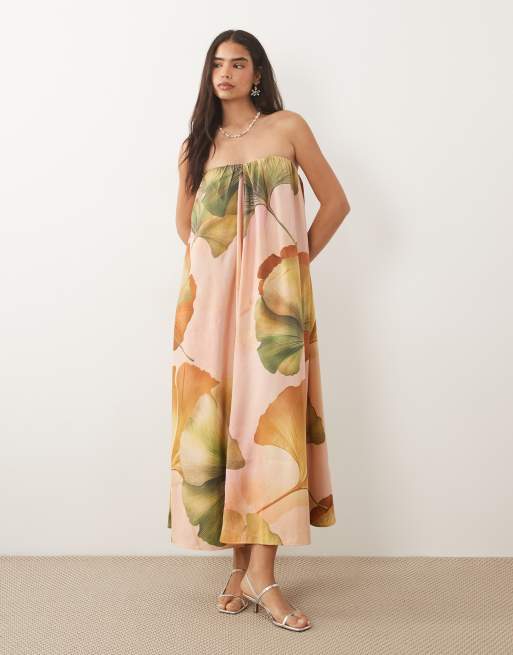 ASOS DESIGN bandeau ruched maxi dress in pink palm print, 4 of 4