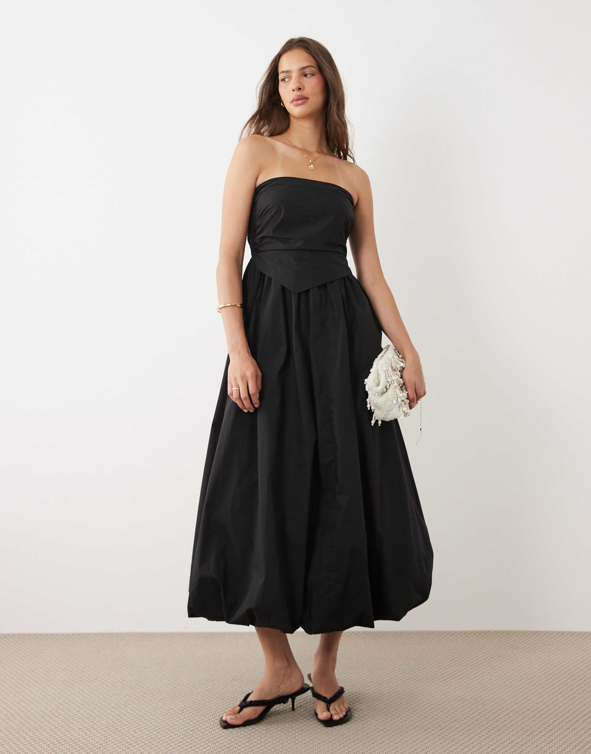 asos design bandeau ruched midi dress in black