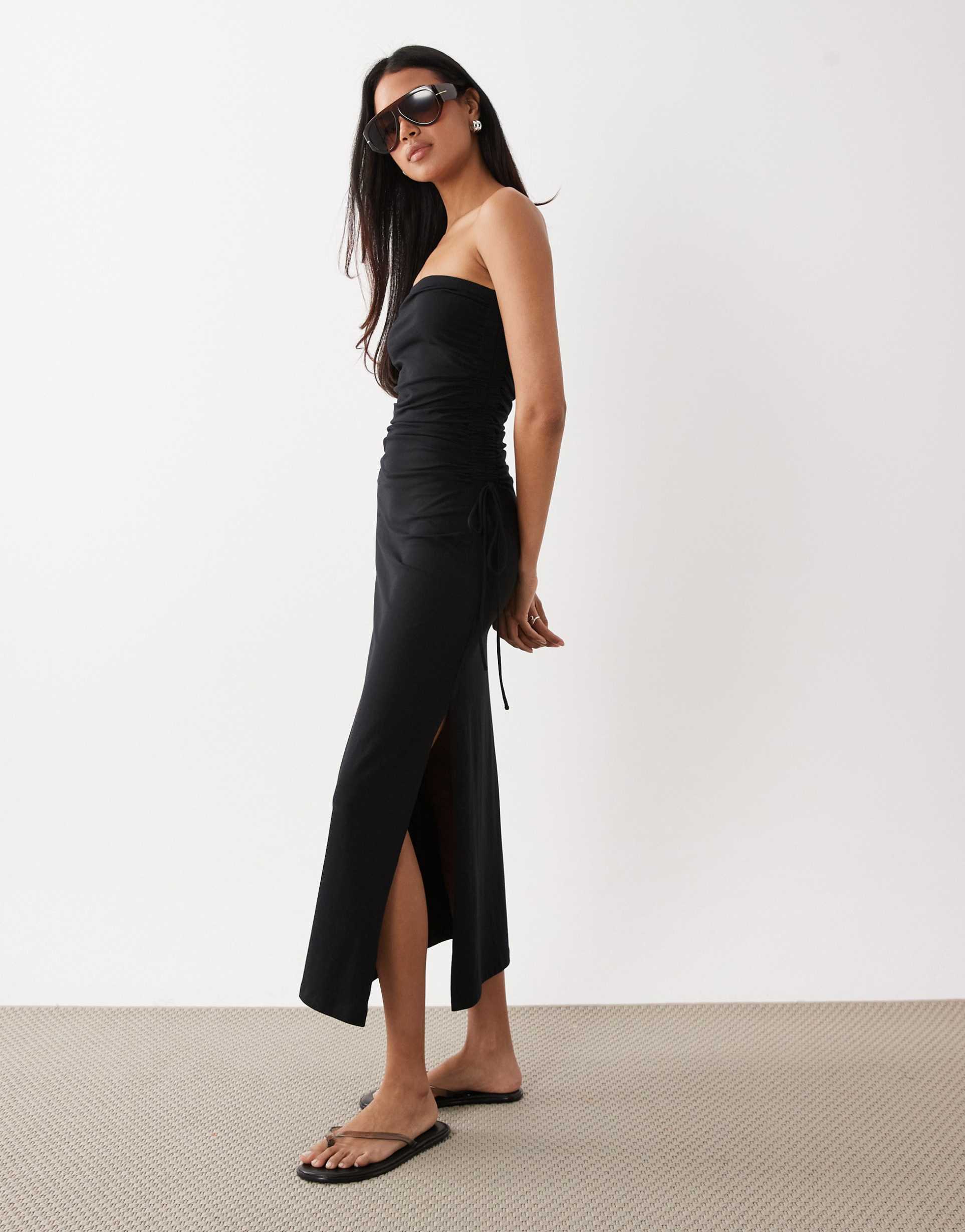 asos design bandeau ruched side midi dress in black