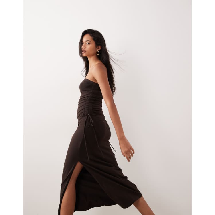 ASOS DESIGN bandeau ruched side midi dress in chocolate | ASOS