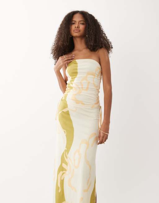 ASOS DESIGN bandeau ruched side midi dress in cream & olive abstract print, 2 of 4