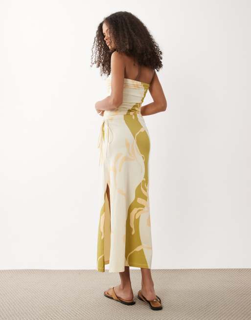 ASOS DESIGN bandeau ruched side midi dress in cream & olive abstract print, 4 of 4