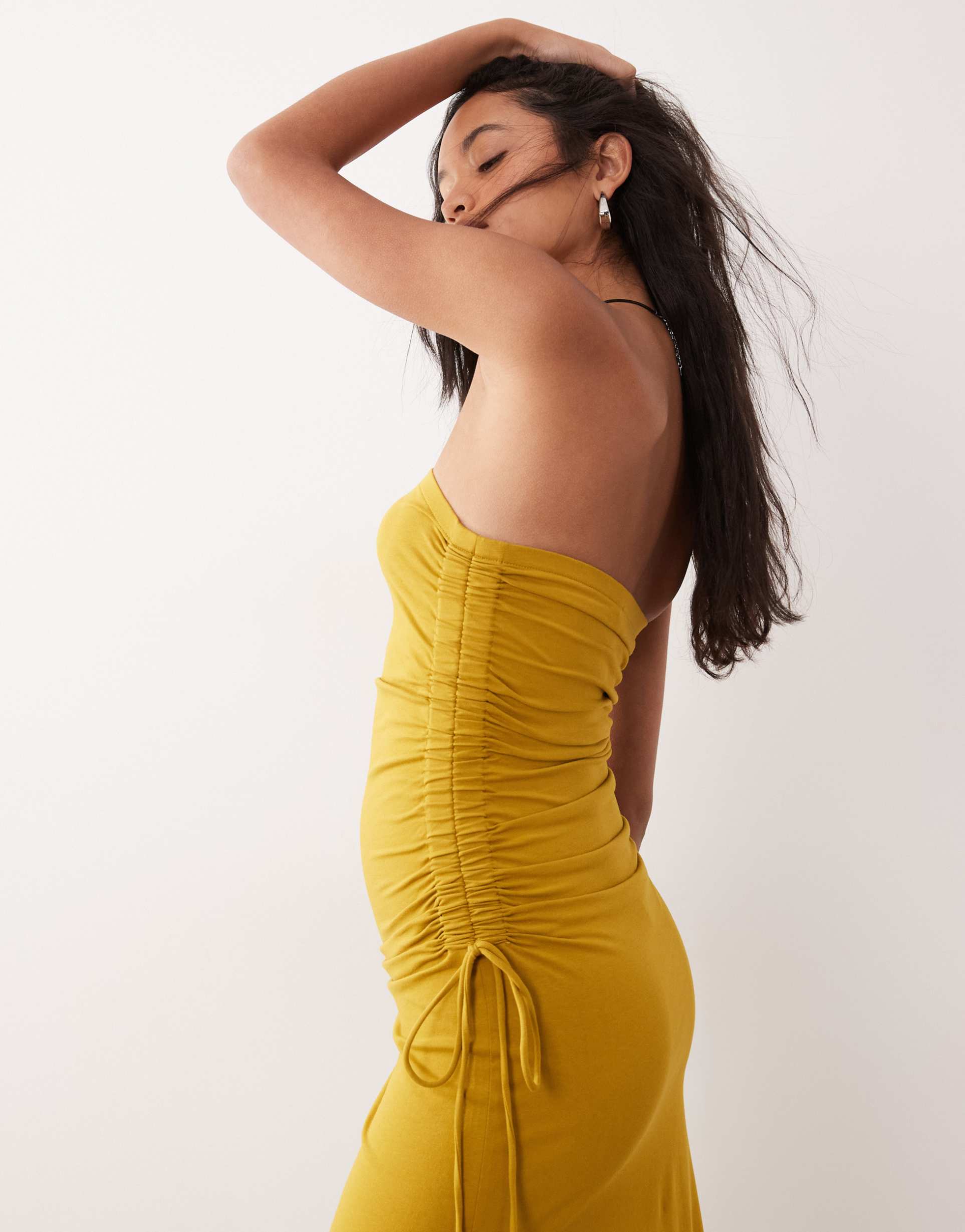 asos design bandeau ruched side midi dress ochre