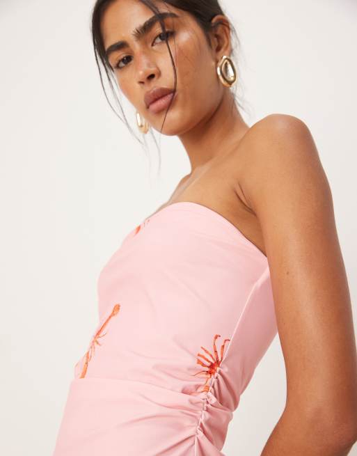 ASOS DESIGN bandeau ruched waist mini dress in lobster print, 3 of 4