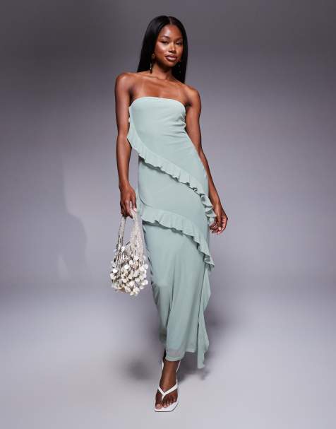 ASOS DESIGN bandeau ruffle midi dress in sage - view 1