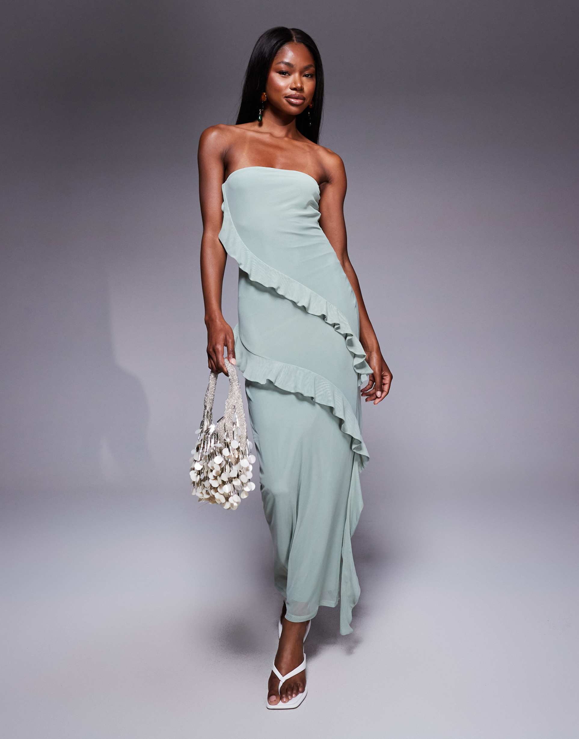 asos design bandeau ruffle midi dress in sage
