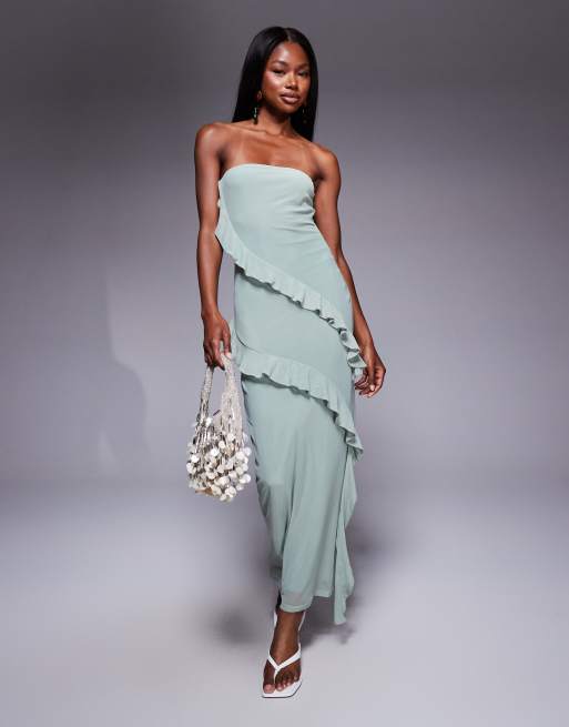 ASOS DESIGN bandeau ruffle midi dress in sage