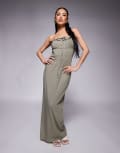 [ASOS DESIGN] ASOS DESIGN bandeau ruffle tiered waist maxi dress in khaki-White 18 Sage