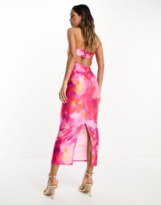 ASOS DESIGN satin plisse maxi dress in pink tie dye print