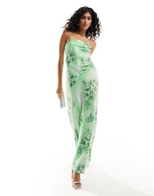 ASOS DESIGN bandeau scarf detail bias maxi dress in green floral print