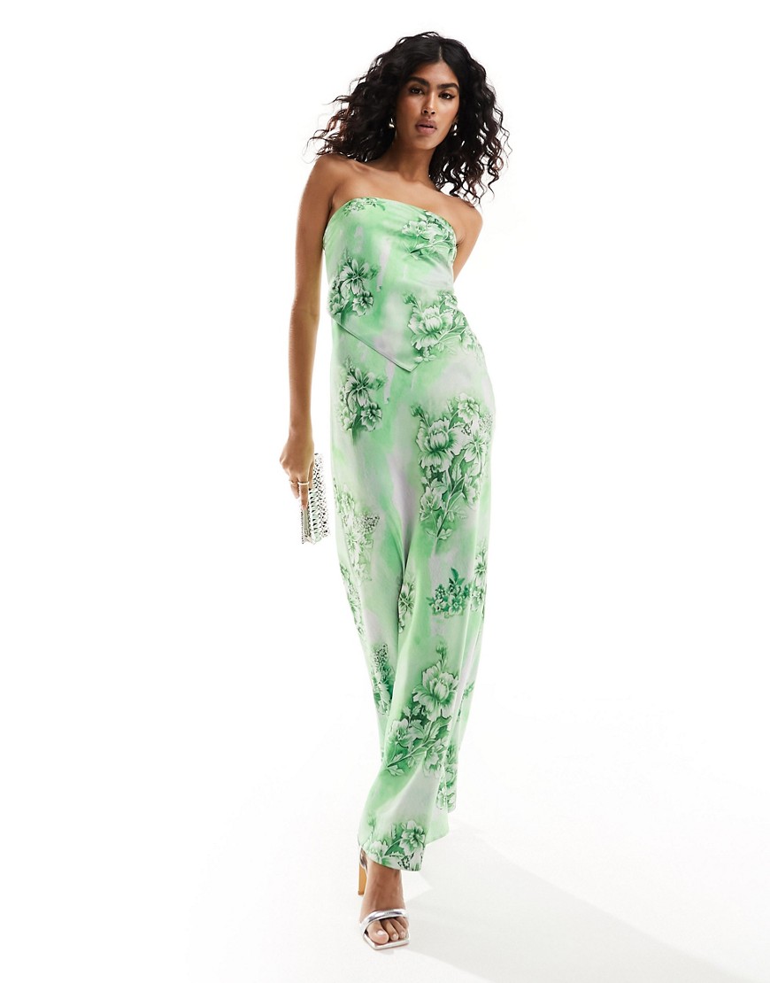 ASOS DESIGN bandeau scarf detail bias maxi dress in green floral print-Multi