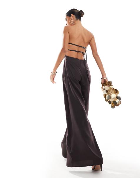 ASOS DESIGN bandeau scarf detail jumpsuit with open back and buckle detail in chocolate - view 1