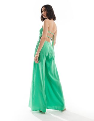 Asos Design Bandeau Scarf Detail Satin Straight Leg Jumpsuit With Open Back And Buckle Detail In Bright Green