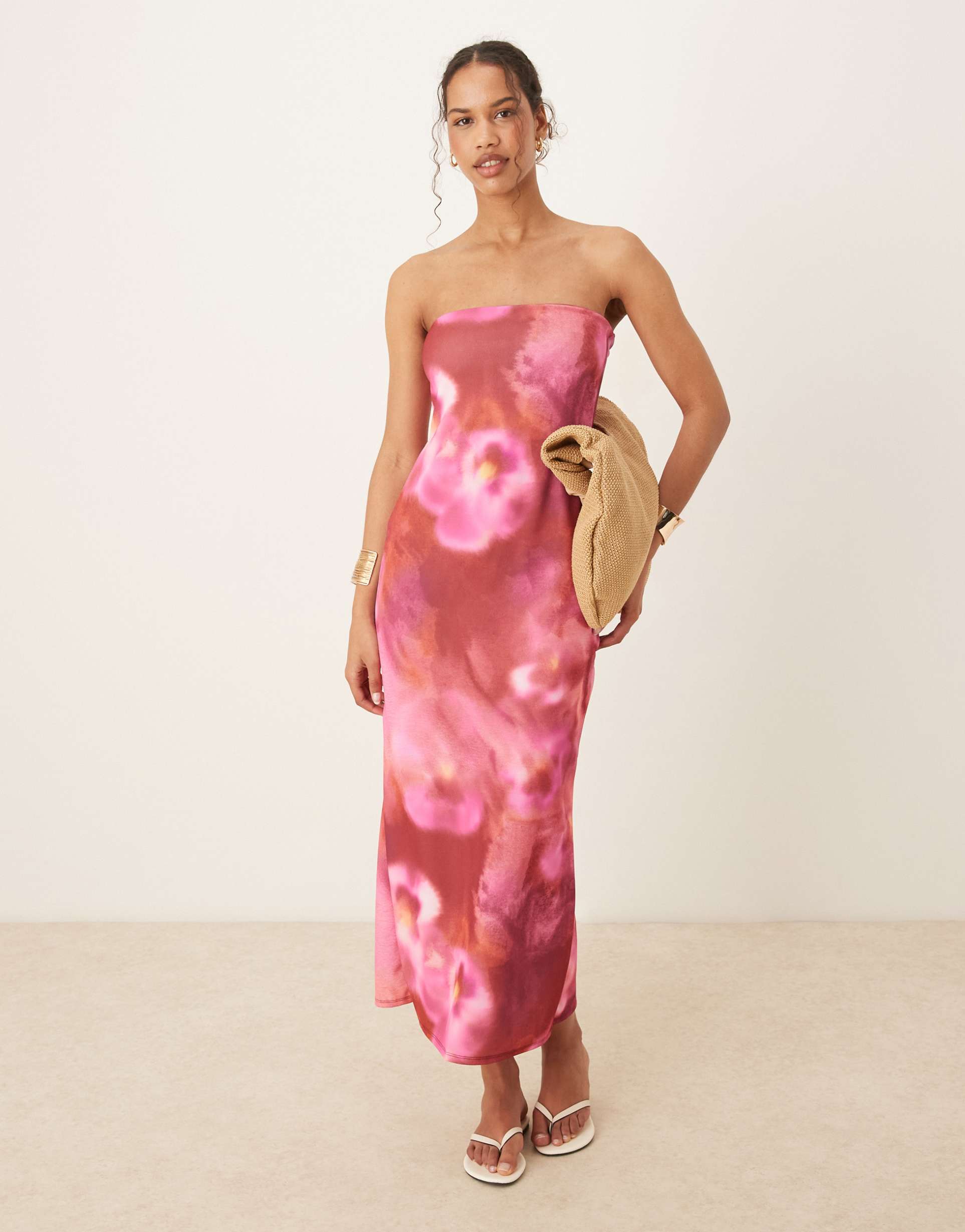 asos design bandeau scuba midi dress in pink floral print
