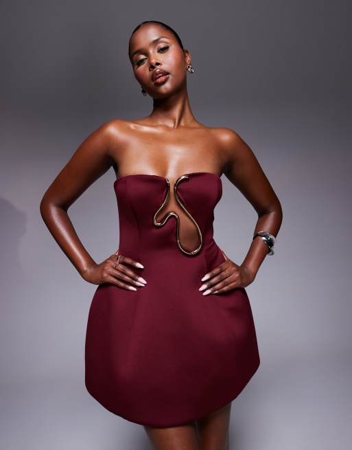 ASOS DESIGN bandeau sculpted mini dress with gold trim in dark cherry