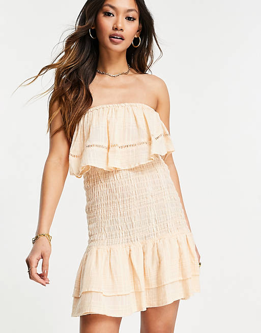 Dresses bandeau shirred mini sundress with pephem in self check in peach 